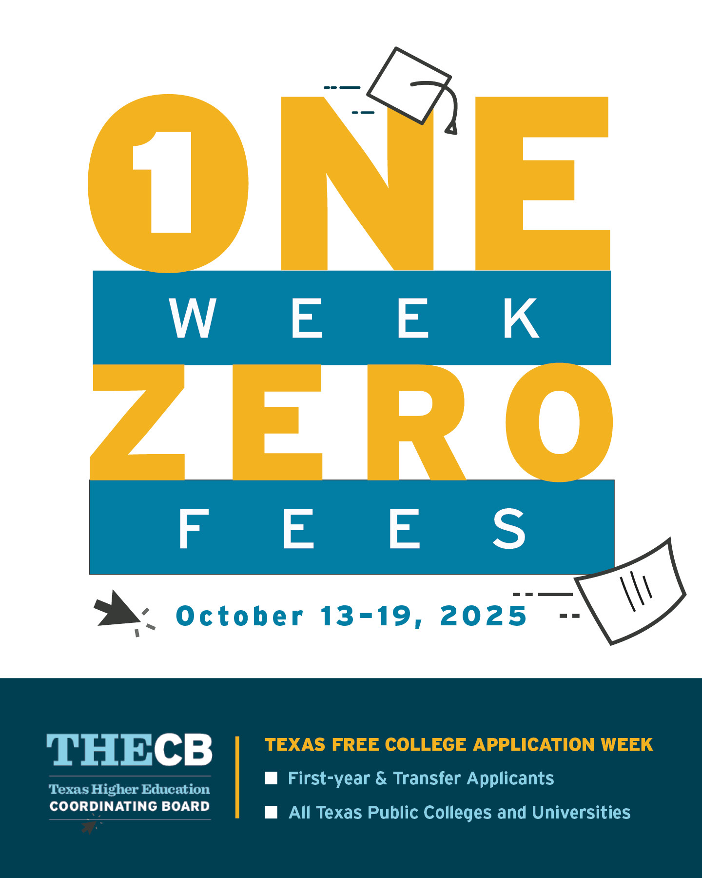Bold text reads "One Week Zero Fees" in yellow and blue, with papers and a graduation cap graphic. Dates: October 13-19, 2025. Promotes free college applications in Texas.